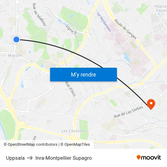 Uppsala to Inra-Montpellier Supagro map