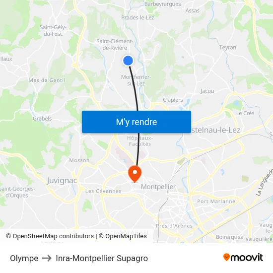 Olympe to Inra-Montpellier Supagro map