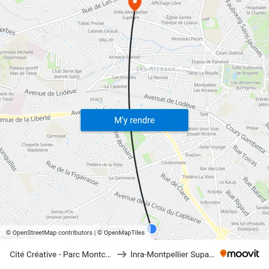 Cité Créative - Parc Montcalm to Inra-Montpellier Supagro map