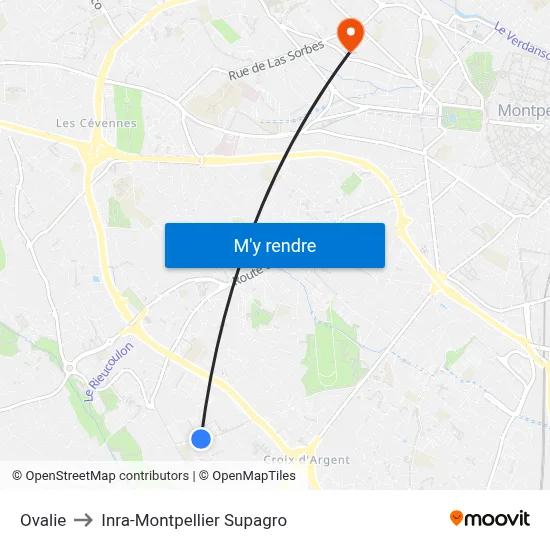 Ovalie to Inra-Montpellier Supagro map