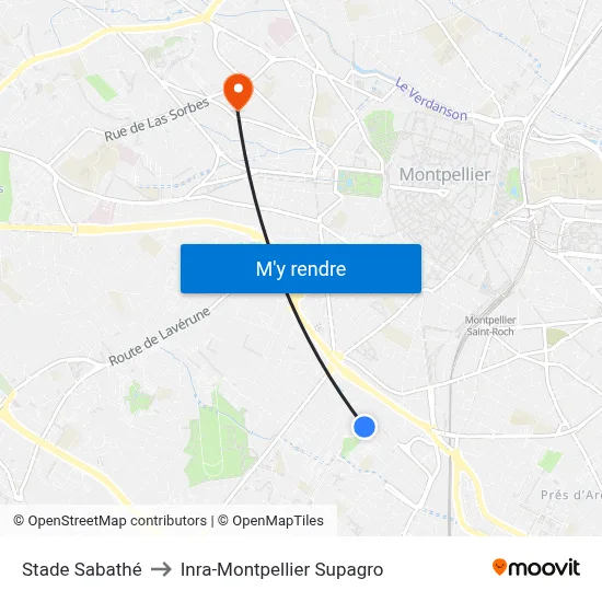 Stade Sabathé to Inra-Montpellier Supagro map