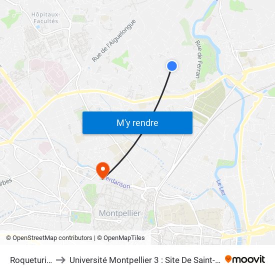 Roqueturière to Université Montpellier 3 : Site De Saint-Charles map