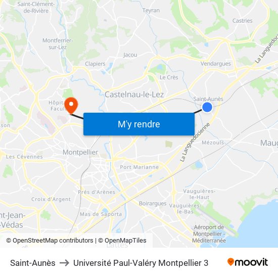 Saint-Aunès to Université Paul-Valéry Montpellier 3 map