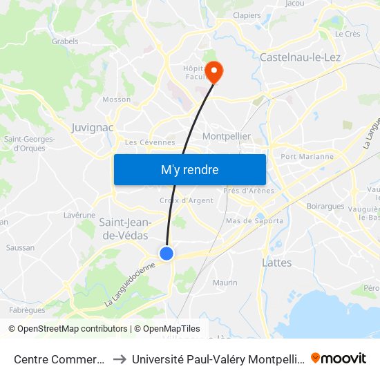 Centre Commercial to Université Paul-Valéry Montpellier 3 map