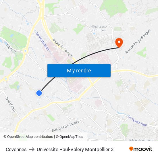 Cévennes to Université Paul-Valéry Montpellier 3 map