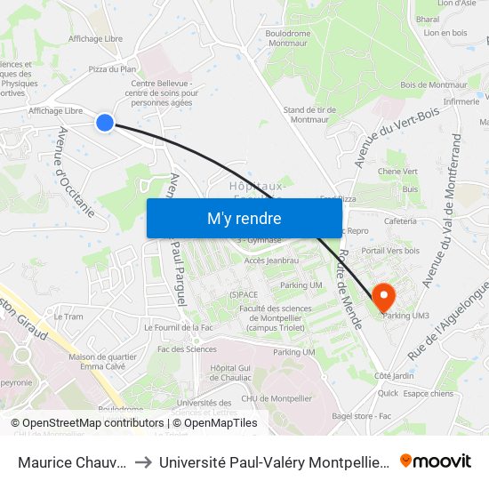 Maurice Chauvet to Université Paul-Valéry Montpellier 3 map