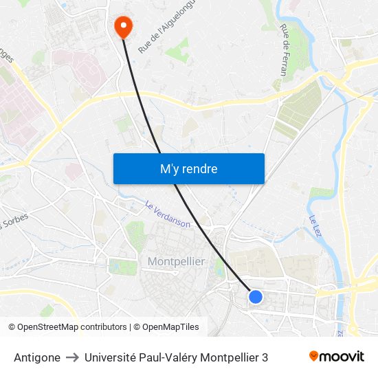 Antigone to Université Paul-Valéry Montpellier 3 map