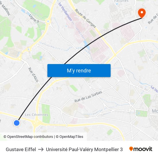 Gustave Eiffel to Université Paul-Valéry Montpellier 3 map