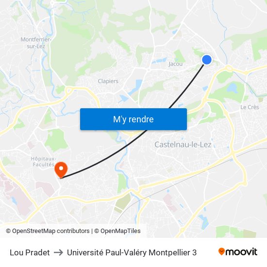 Lou Pradet to Université Paul-Valéry Montpellier 3 map