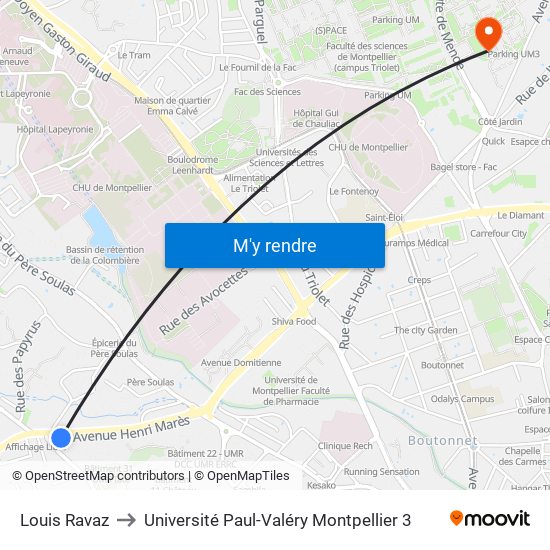 Louis Ravaz to Université Paul-Valéry Montpellier 3 map