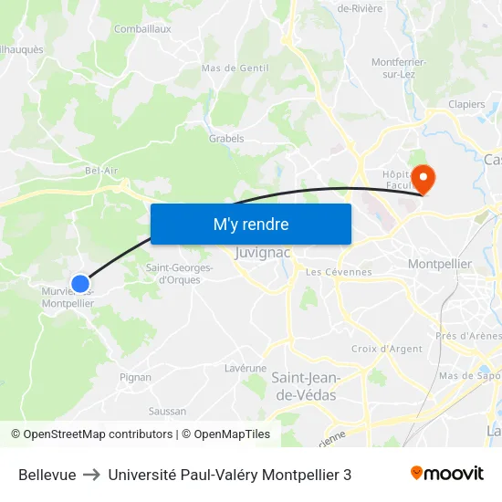 Bellevue to Université Paul-Valéry Montpellier 3 map