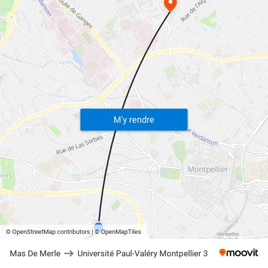 Mas De Merle to Université Paul-Valéry Montpellier 3 map