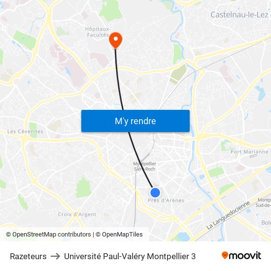 Razeteurs to Université Paul-Valéry Montpellier 3 map