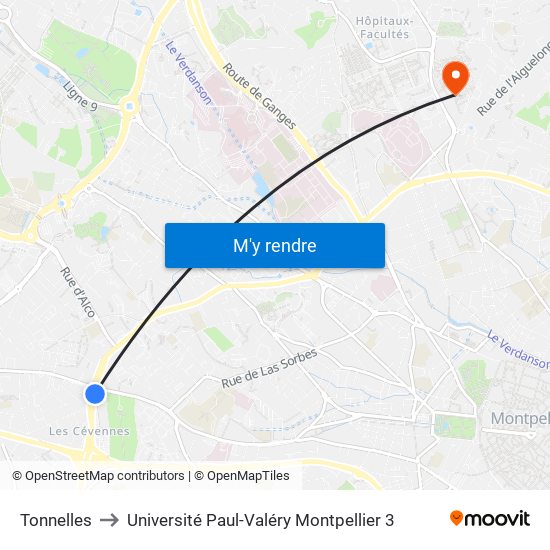 Tonnelles to Université Paul-Valéry Montpellier 3 map