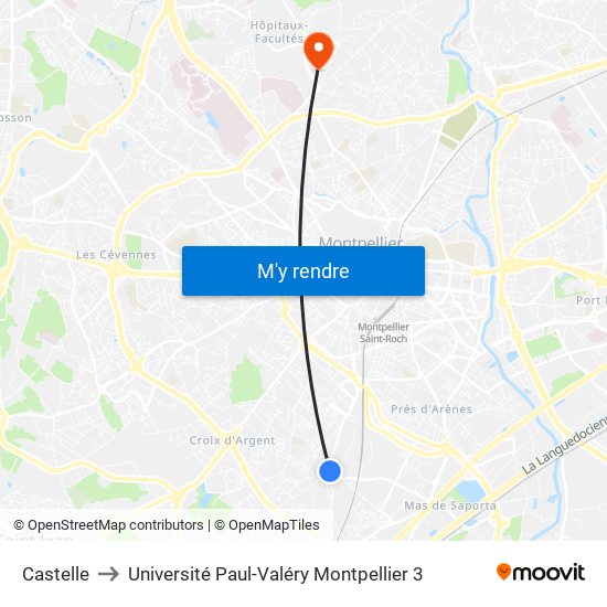 Castelle to Université Paul-Valéry Montpellier 3 map