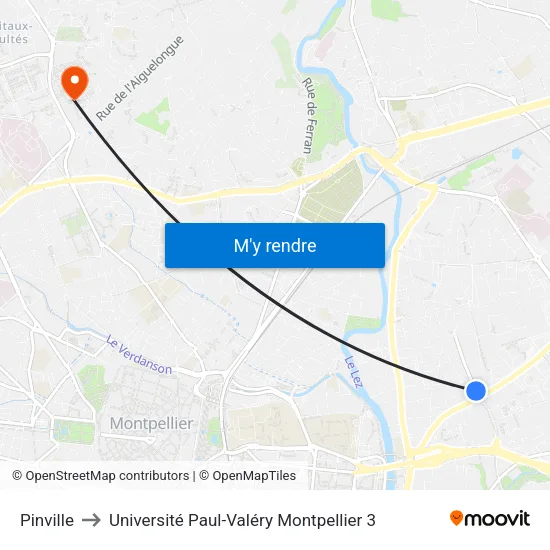 Pinville to Université Paul-Valéry Montpellier 3 map