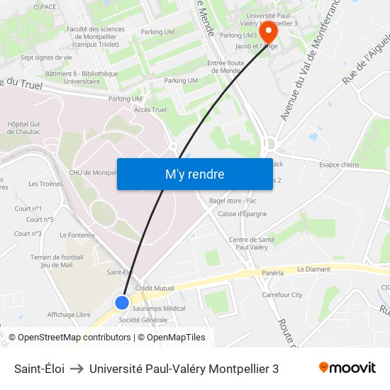 Saint-Éloi to Université Paul-Valéry Montpellier 3 map