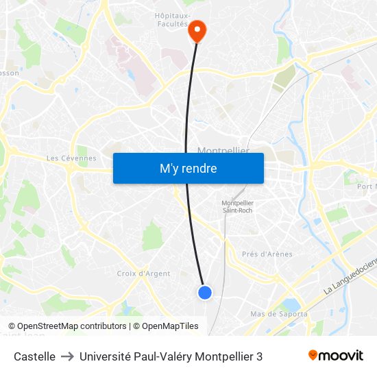 Castelle to Université Paul-Valéry Montpellier 3 map