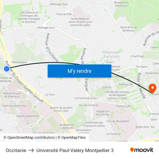 Occitanie to Université Paul-Valéry Montpellier 3 map