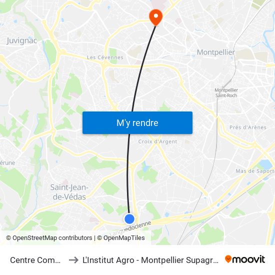 Centre Commercial to L'Institut Agro - Montpellier Supagro - Montpellier map