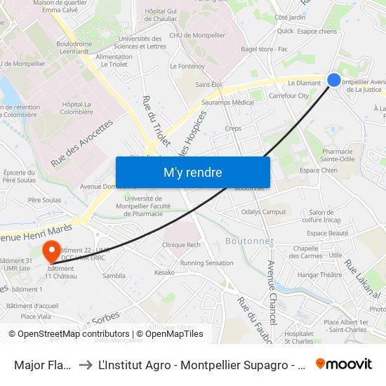 Major Flandre to L'Institut Agro - Montpellier Supagro - Montpellier map