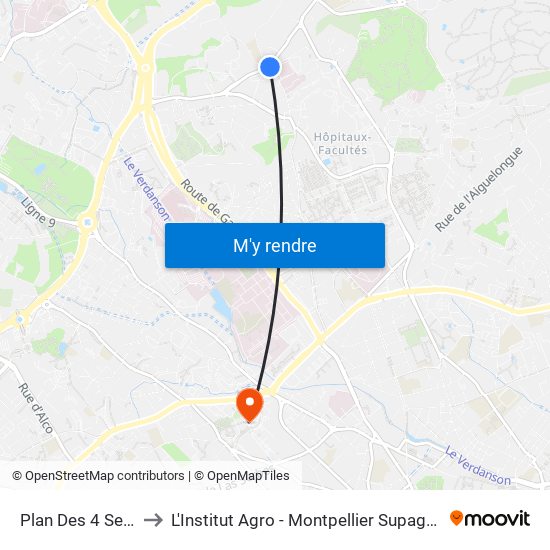 Plan Des 4 Seigneurs to L'Institut Agro - Montpellier Supagro - Montpellier map