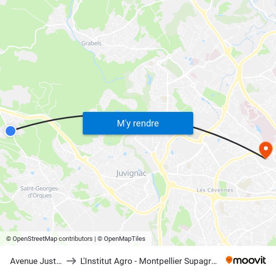 Avenue Justin Bec to L'Institut Agro - Montpellier Supagro - Montpellier map