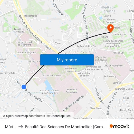 Mûriers to Faculté Des Sciences De Montpellier (Campus Triolet) map