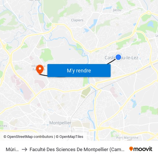 Mûriers to Faculté Des Sciences De Montpellier (Campus Triolet) map