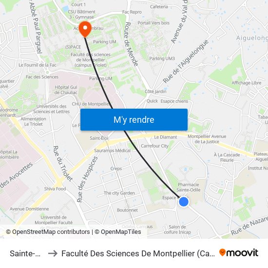 Sainte-Odile to Faculté Des Sciences De Montpellier (Campus Triolet) map