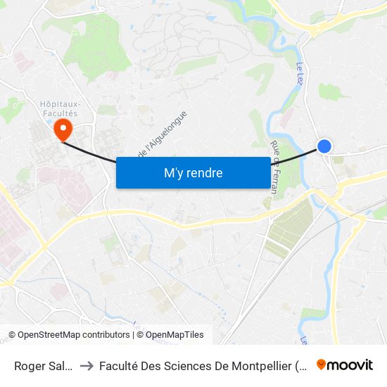 Roger Salengro to Faculté Des Sciences De Montpellier (Campus Triolet) map