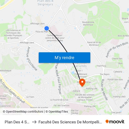 Plan Des 4 Seigneurs to Faculté Des Sciences De Montpellier (Campus Triolet) map