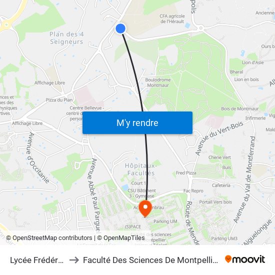 Lycée Frédéric Bazille to Faculté Des Sciences De Montpellier (Campus Triolet) map