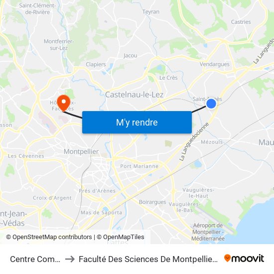 Centre Commercial to Faculté Des Sciences De Montpellier (Campus Triolet) map