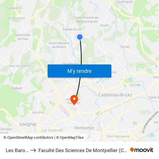 Les Baronnes to Faculté Des Sciences De Montpellier (Campus Triolet) map