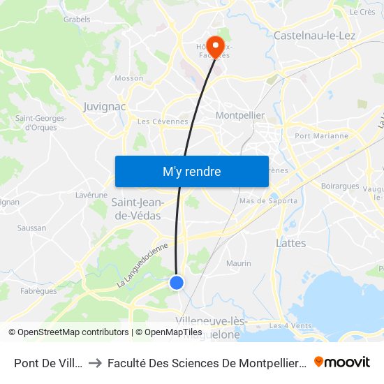 Pont De Villeneuve to Faculté Des Sciences De Montpellier (Campus Triolet) map