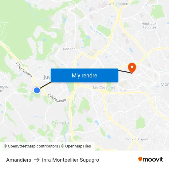 Amandiers to Inra-Montpellier Supagro map