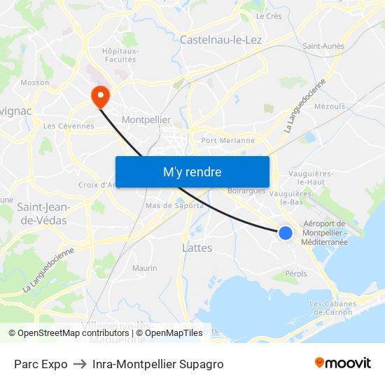 Parc Expo to Inra-Montpellier Supagro map