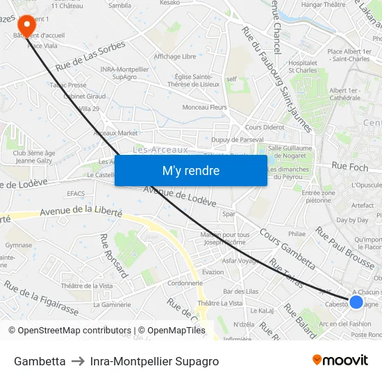 Gambetta to Inra-Montpellier Supagro map