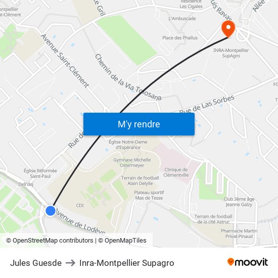 Jules Guesde to Inra-Montpellier Supagro map