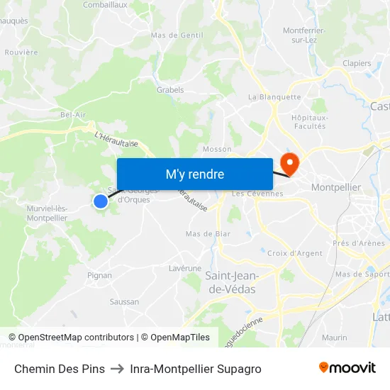 Chemin Des Pins to Inra-Montpellier Supagro map