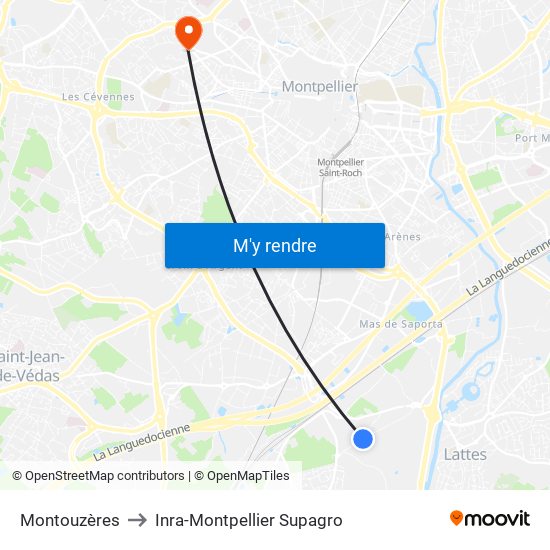 Montouzères to Inra-Montpellier Supagro map