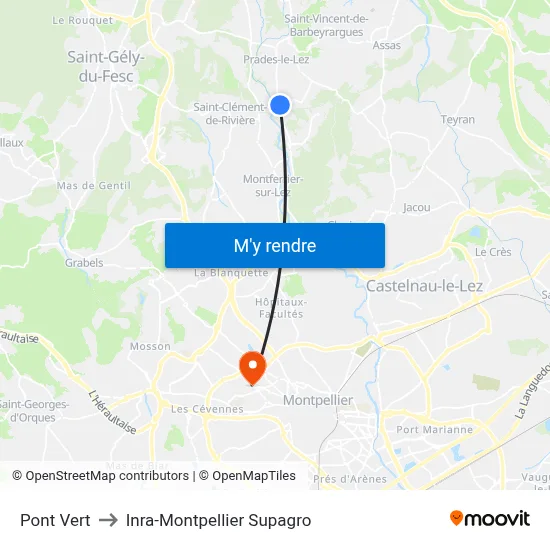 Pont Vert to Inra-Montpellier Supagro map