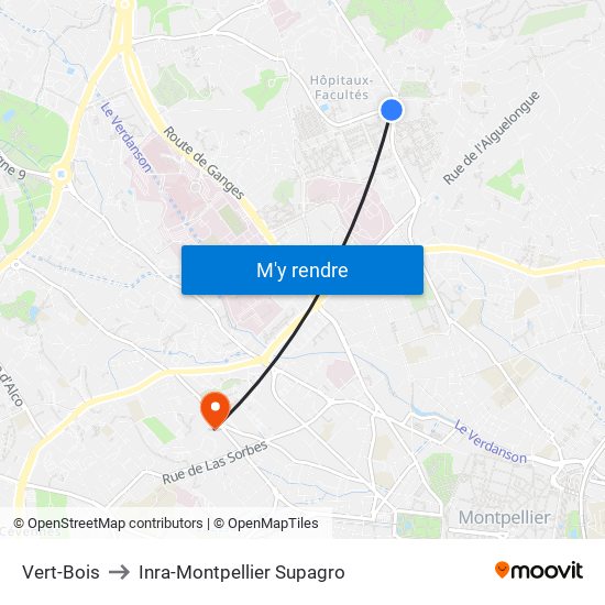 Vert-Bois to Inra-Montpellier Supagro map