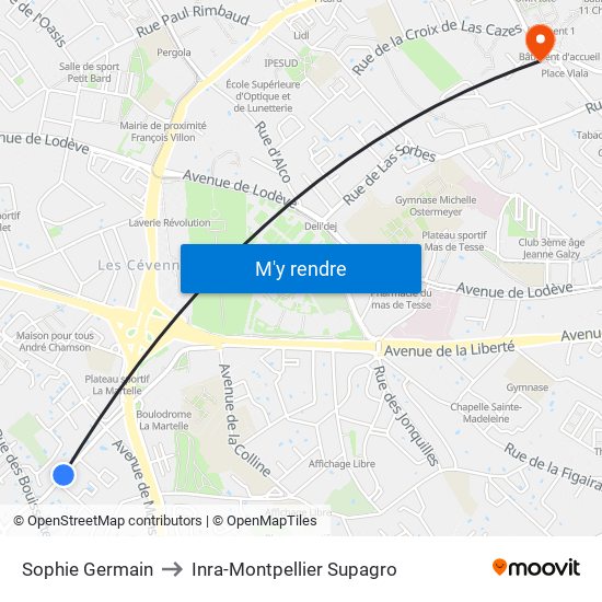 Sophie Germain to Inra-Montpellier Supagro map