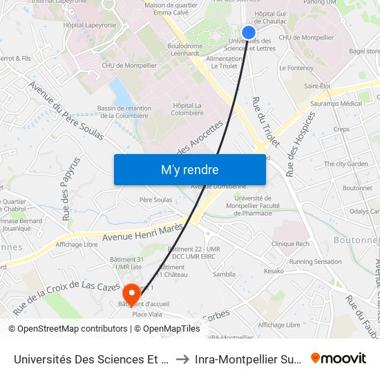 Universités Des Sciences Et Lettres to Inra-Montpellier Supagro map