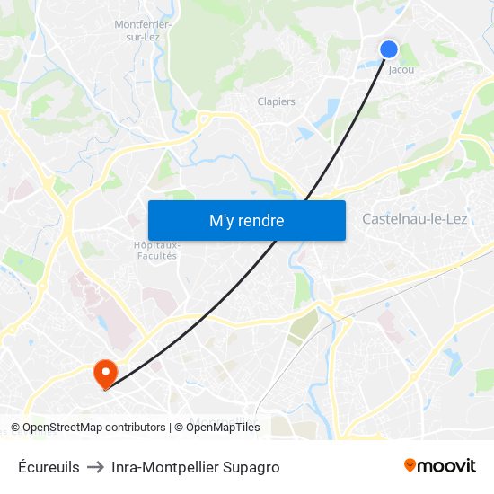 Écureuils to Inra-Montpellier Supagro map