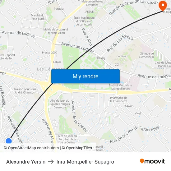 Alexandre Yersin to Inra-Montpellier Supagro map