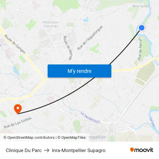 Clinique Du Parc to Inra-Montpellier Supagro map
