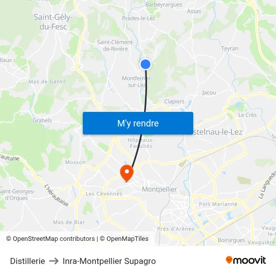 Distillerie to Inra-Montpellier Supagro map